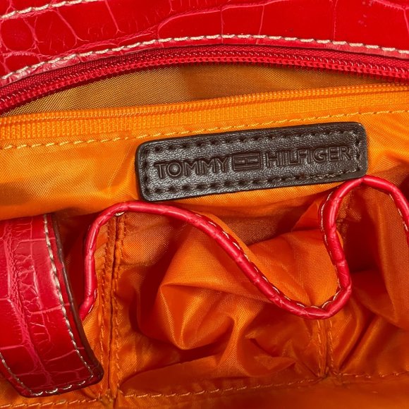 Y2K Tommy Hilfiger Shoulder Bag Red Croc Embossed Leather Pockets Preppy - Picture 5 of 16